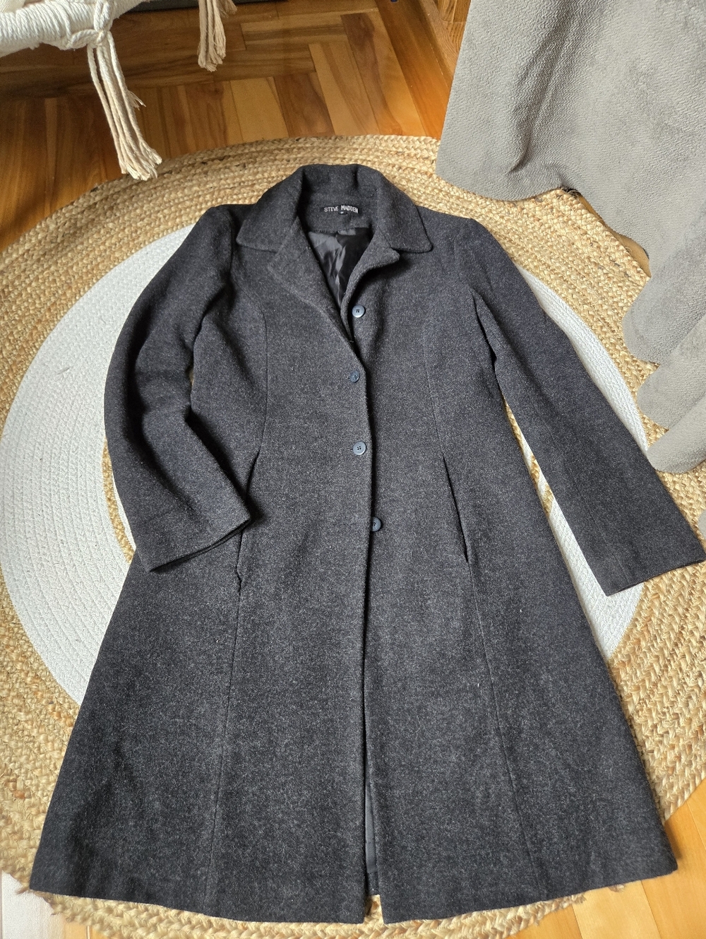 Steve Madden 100% Wool Dark Charcoal Single-Breasted Long Coat